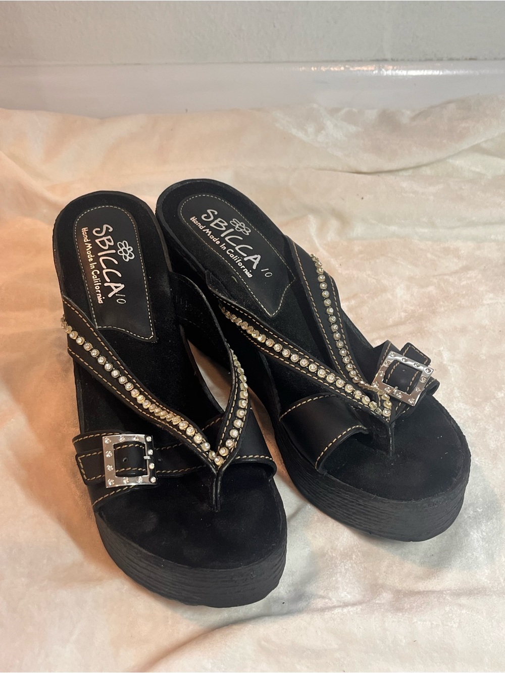 Vintage Sbicca Black Rhinestone Platform Flip Wedges Y2K